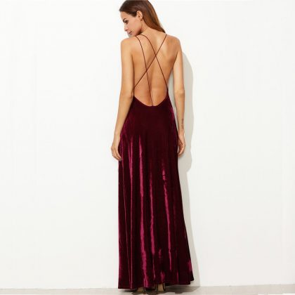 Burgundy Velvet Maxi Backless Dress