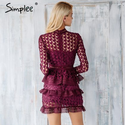 Elegant Hollow Out Ruffle Lace Dress