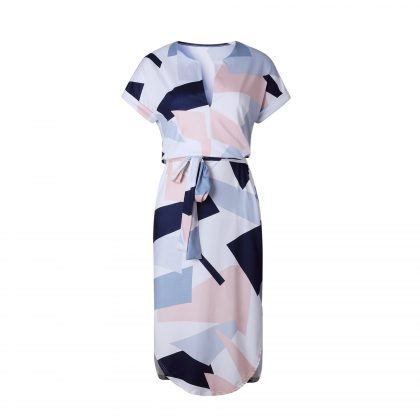 Geometric Print Dress Casual Sashes Robe Midi Dress
