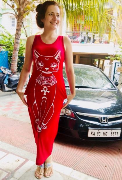 Summer Maxi Dress Cat Print Boho Beach Long Dress
