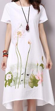 Women Dress Casual Cotton Linen Dress Lotus Printing