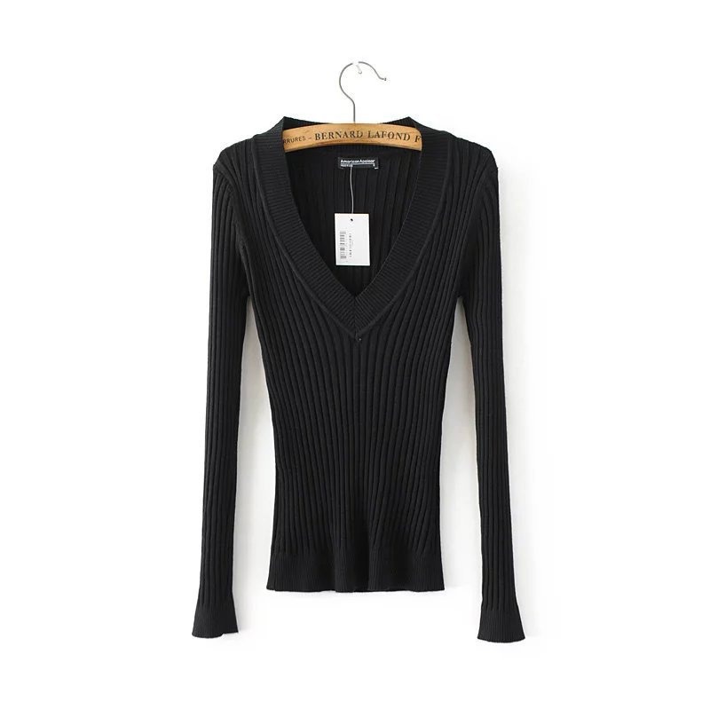 Deep V Pullovers Stretch Knitted Sweater