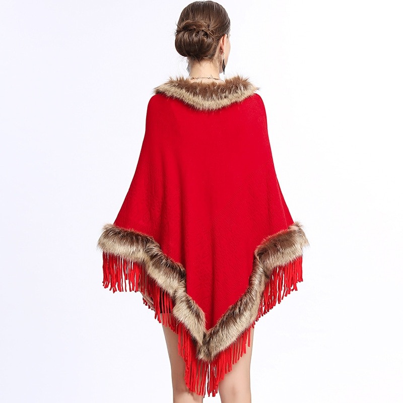 Wedding Poncho Shawl Fox Fur-Collar Knitted