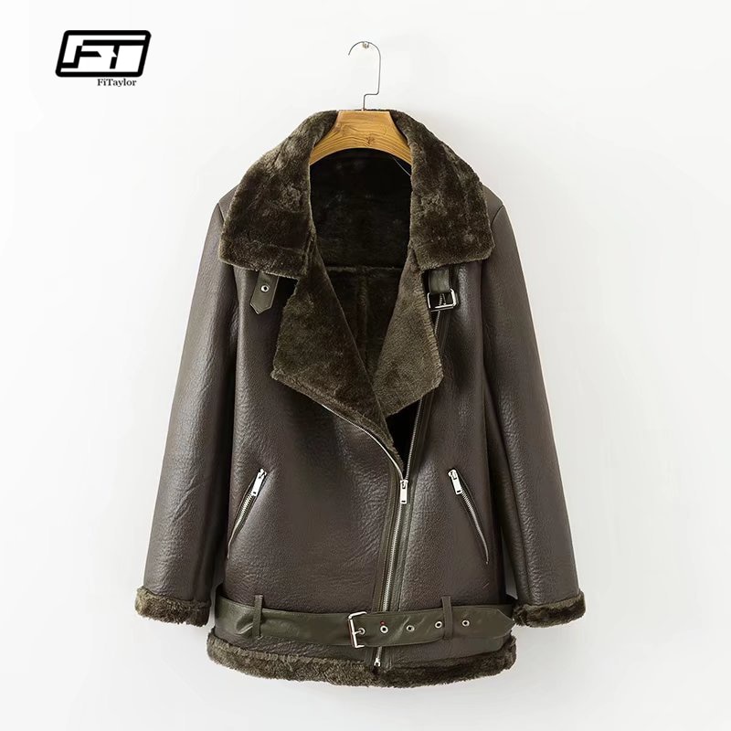 Faux Lamb Leather Jacket Wool Fur Collar Suede