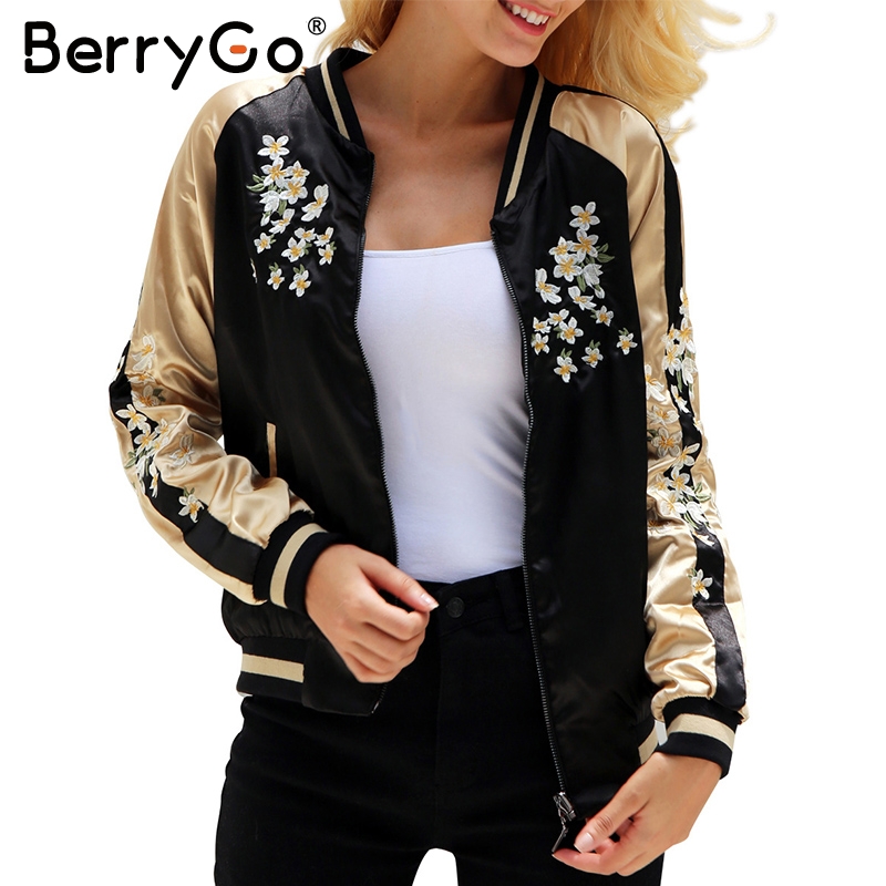 Floral Embroidery Satin Jacket Coat