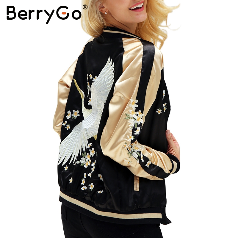 Floral Embroidery Satin Jacket Coat