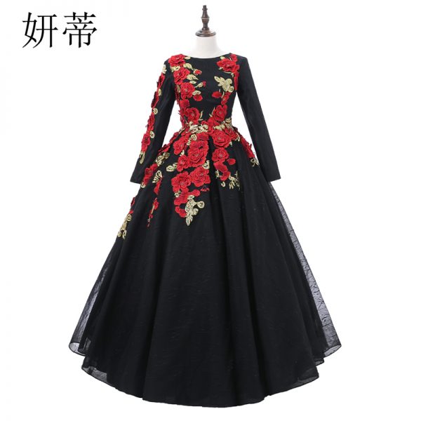 Long Sleeve Ball Gown Prom Dresses Applique Flowers