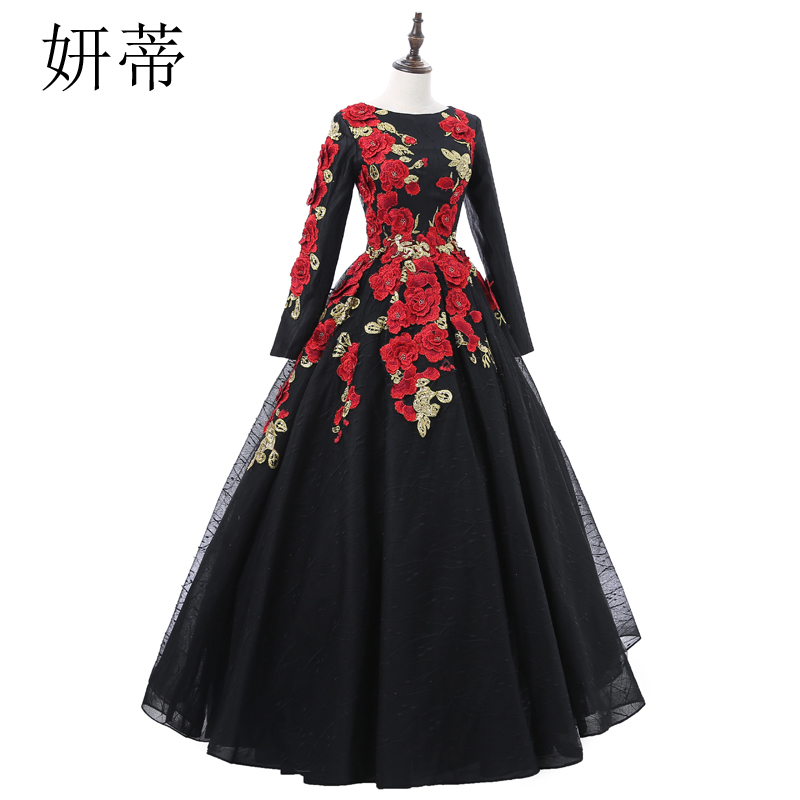 Long Sleeve Ball Gown Prom Dresses Applique Flowers
