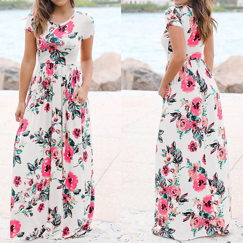 Long Maxi Dress Floral Print Boho Beach Dress