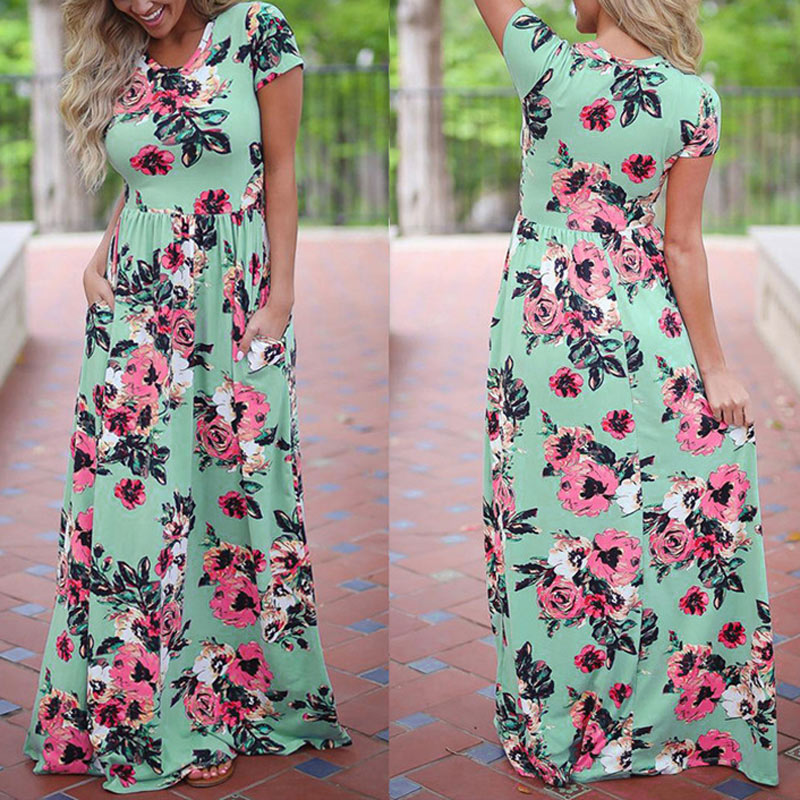 Long Maxi Dress Floral Print Boho Beach Dress