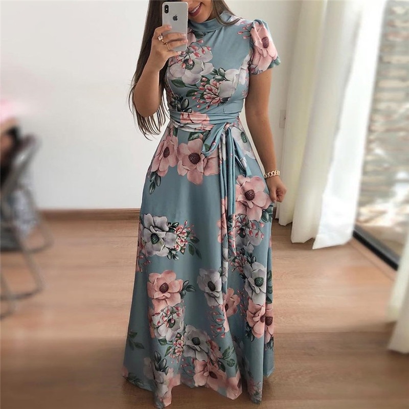 Short Sleeve Long Dress Boho Floral Print Maxi Dress