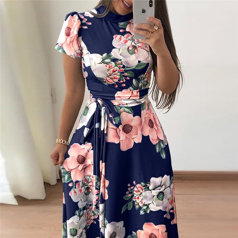 Short Sleeve Long Dress Boho Floral Print Maxi Dress