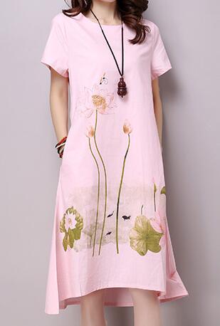 Women Dress Casual Cotton Linen Dress Lotus Printing