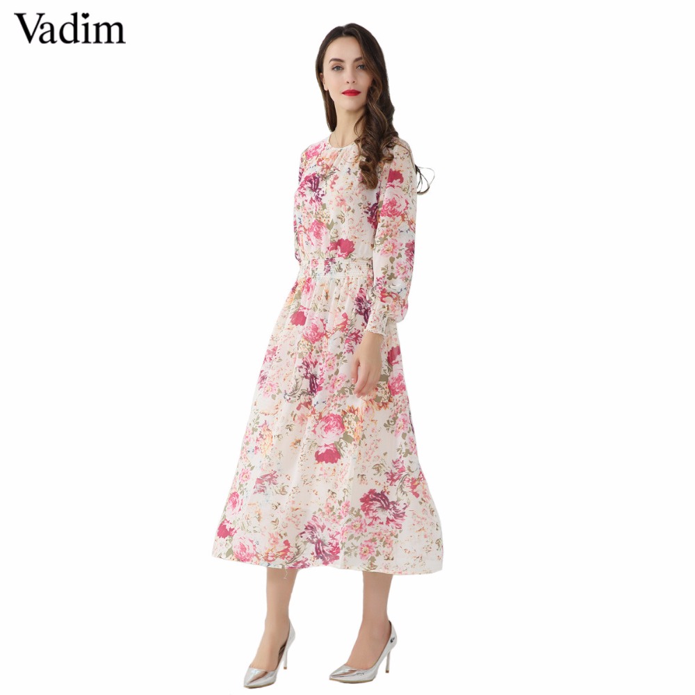 Women Floral Chiffon Dress Mid Calf Dresses